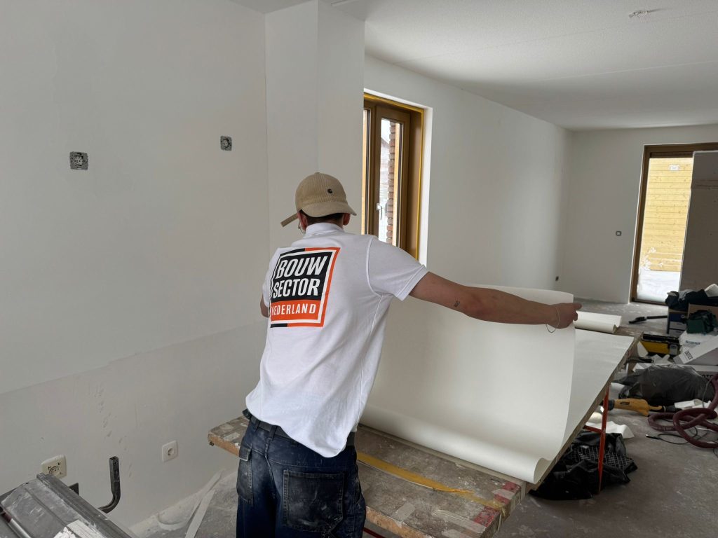 Behanger van Bouwsector Nederland rolt een baan renovlies uit op de tafel in een nieuwbouwwoning